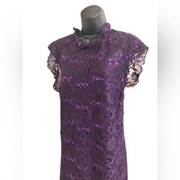 Purple lace sequin ruffle neck flutter sleeve sheath plus cocktail dress size 16 - Picture 4 of 16